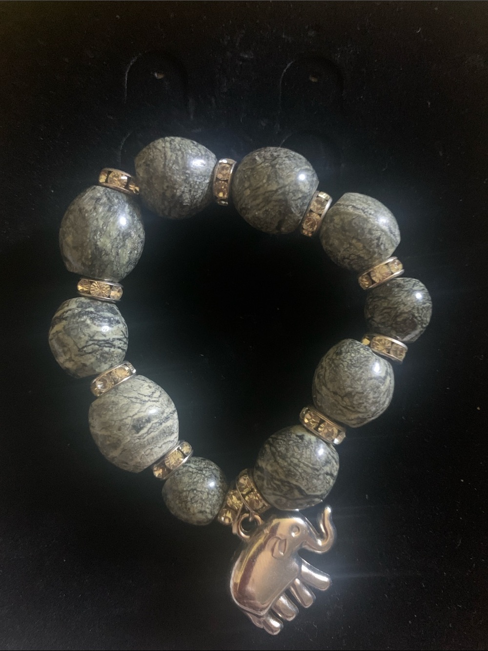Gray Marble Bead Stretch Bracelet with Elephant Charm
